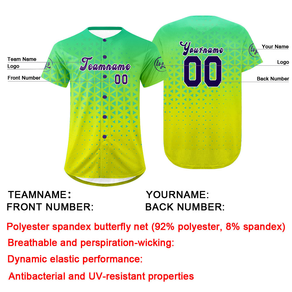 Camiseta de béisbol personalizada verde y amarilla con degradado uniformes de equipo con nombre y número