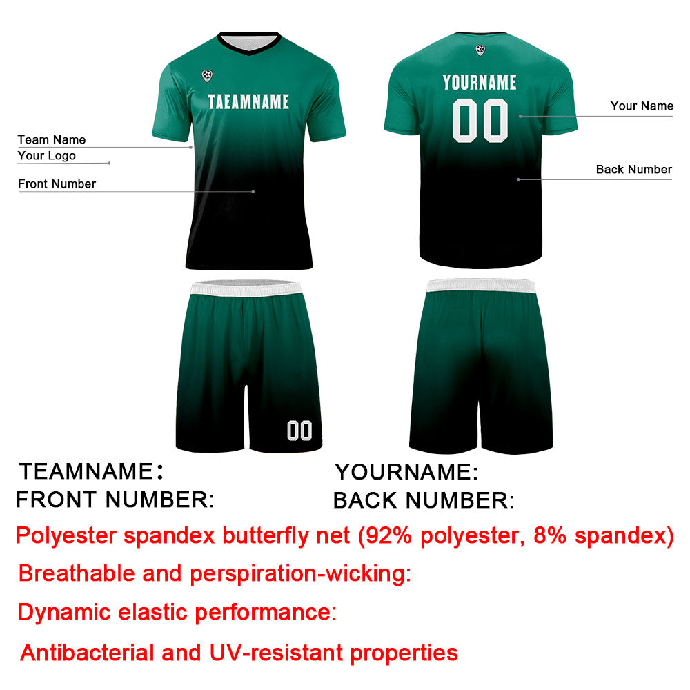 Conjunto personalizado de camiseta de uniforme verde oscuro y negro para niños y adultos