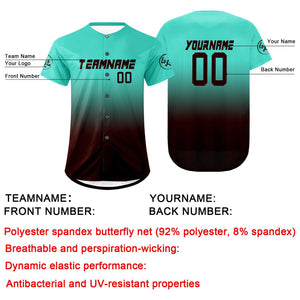 Camiseta de béisbol personalizada color marrón cian con degradado uniformes de equipo personalizados con nombre y número