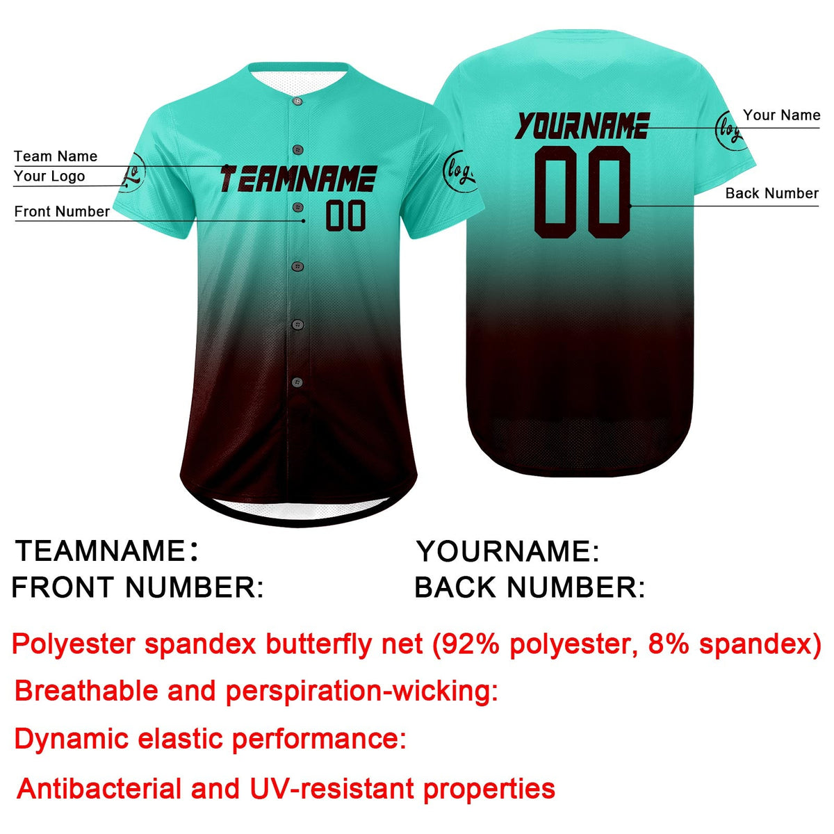 Camiseta de béisbol personalizada color marrón cian con degradado uniformes de equipo personalizados con nombre y número