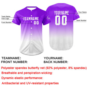 Camiseta de béisbol personalizada morada y blanca con degradado uniformes de equipo personalizados con nombre y número
