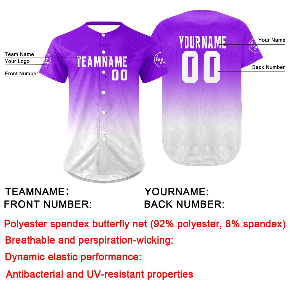 Camiseta de béisbol personalizada morada y blanca con degradado uniformes de equipo personalizados con nombre y número
