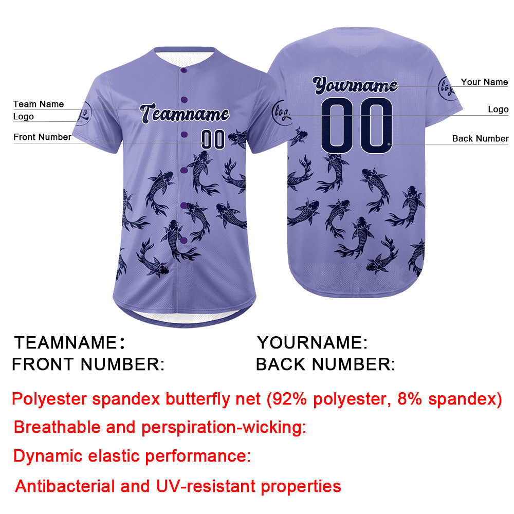 Camiseta de béisbol personalizada color morado claro y morado oscuro con degradado uniformes de equipo personalizados con nombre y número