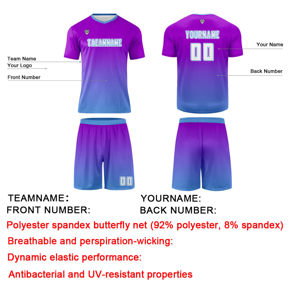 Conjunto personalizado de camiseta de uniforme morado y azul para niños y adultos