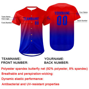 Camiseta de béisbol personalizada roja y azul con degradado uniformes de equipo con nombre y número