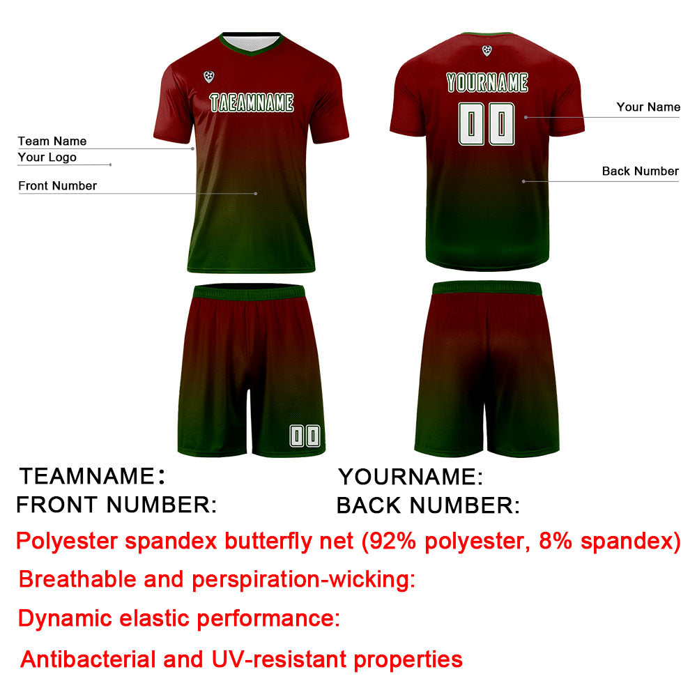 Conjunto personalizado de camiseta de uniforme rojo y verde para niños y adultos