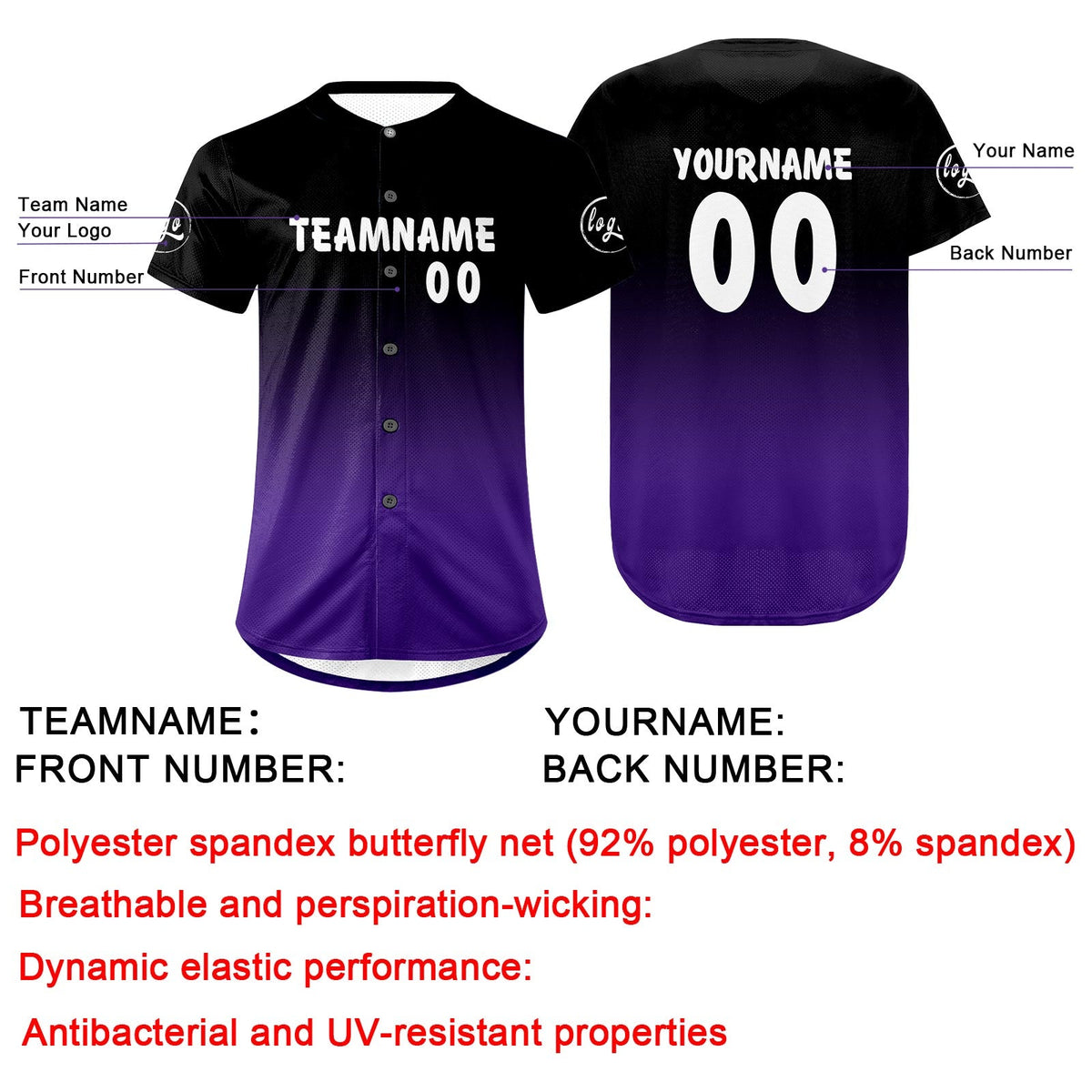 Camiseta de béisbol personalizada negra y morada con degradado uniformes de equipo personalizados con nombre y número