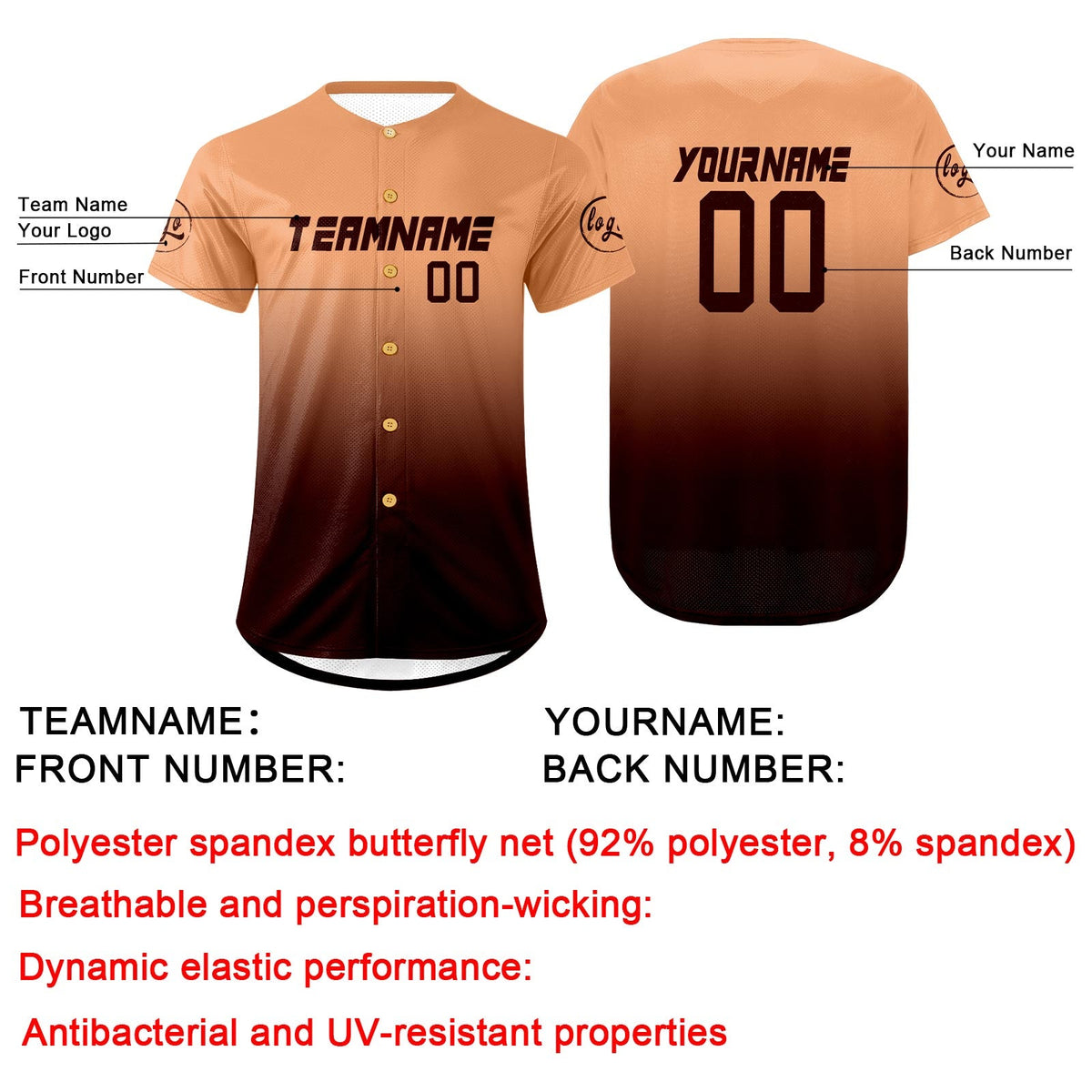 Camiseta de béisbol personalizada de color marrón claro con degradado uniformes de equipo personalizados con nombre y número