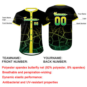 Camiseta de béisbol personalizada negra amarilla y verde con degradado uniformes de equipo personalizados con nombre y número