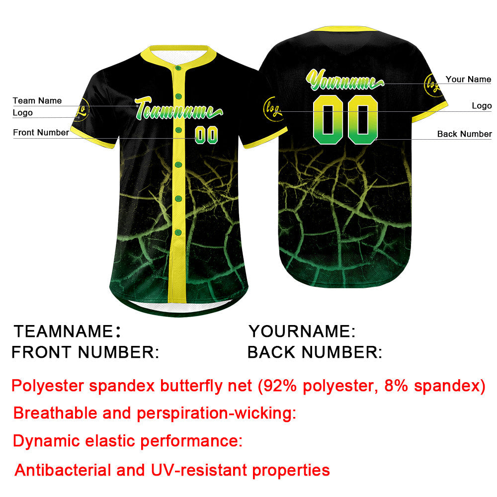 Camiseta de béisbol personalizada negra amarilla y verde con degradado uniformes de equipo personalizados con nombre y número
