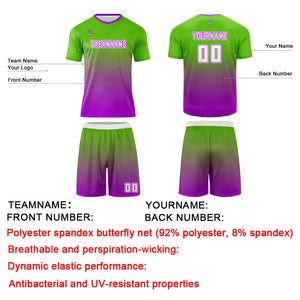 Conjunto personalizado de camiseta de uniforme verde y morado para niños y adultos