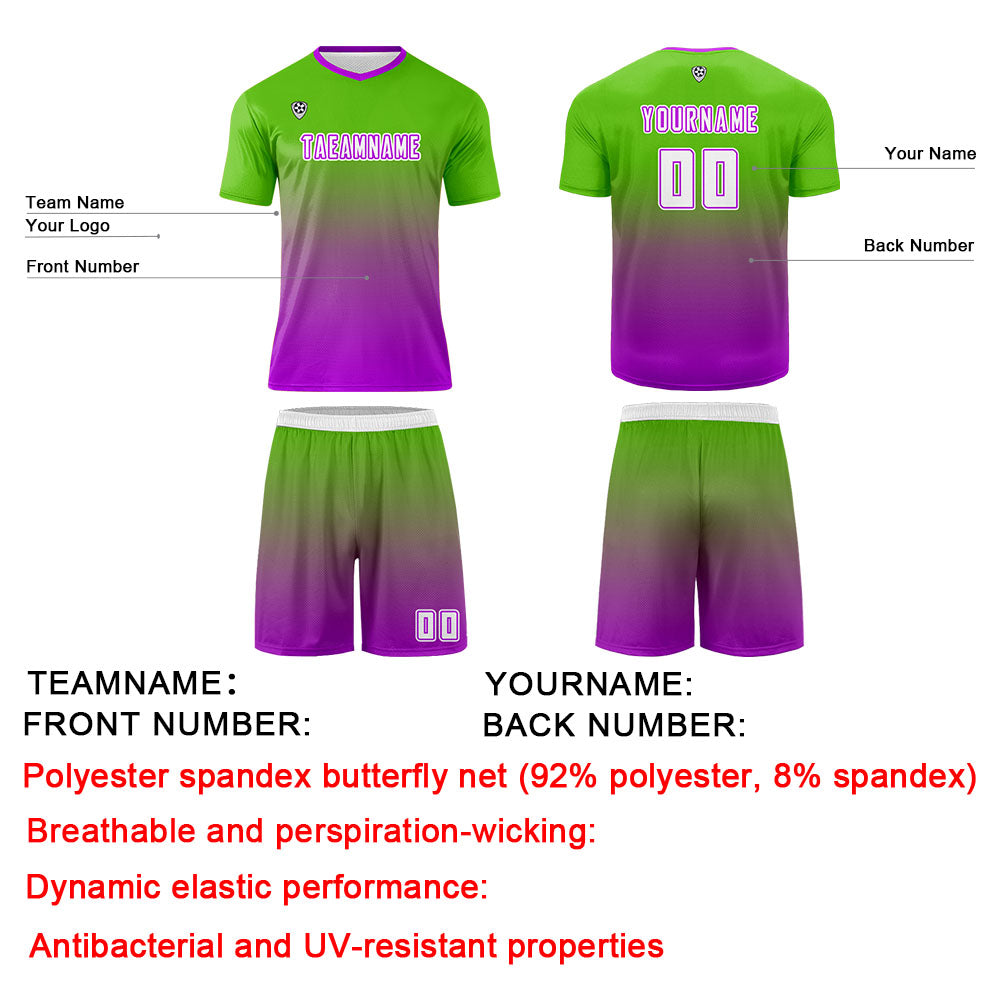 Conjunto personalizado de camiseta de uniforme verde y morado para niños y adultos