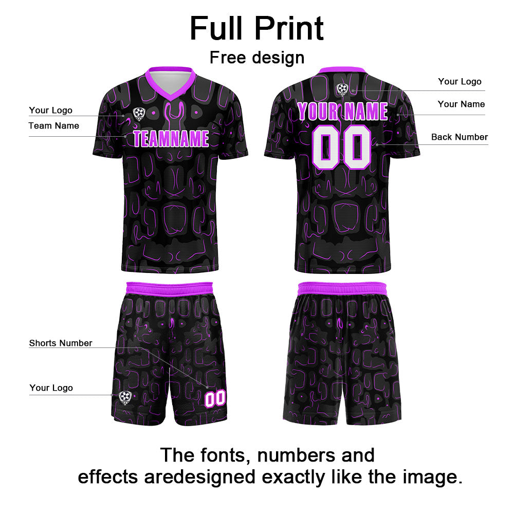 Conjunto personalizado de camiseta de fútbol negra y morada para niños y adultos