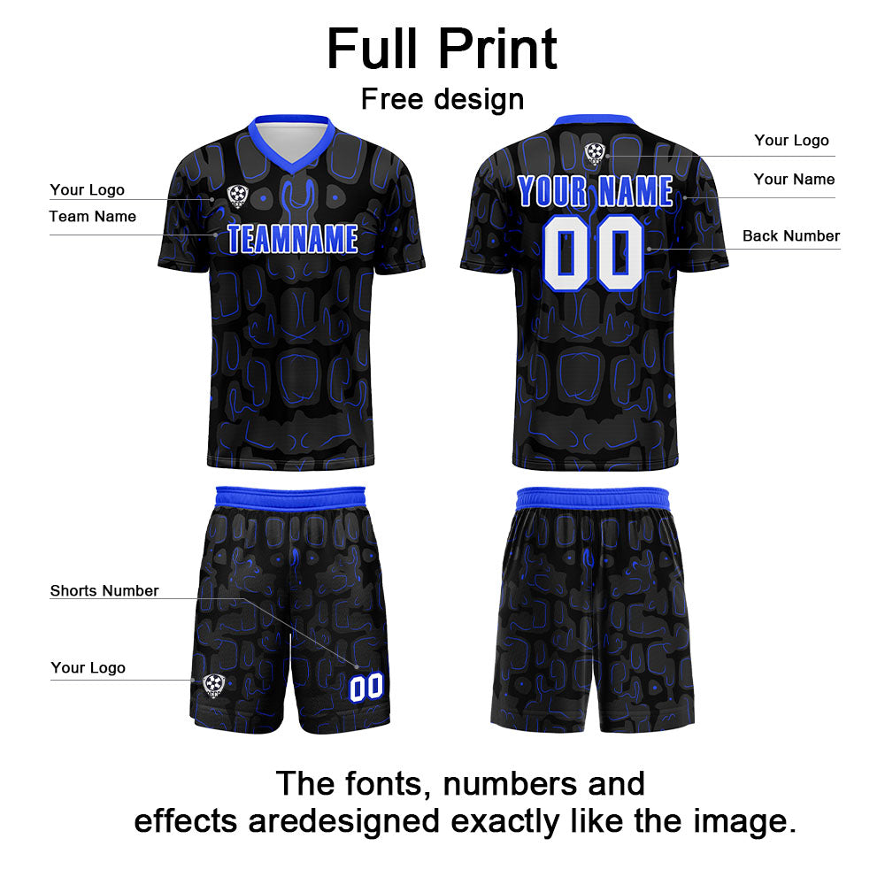 Conjunto personalizado de camiseta de fútbol negra y azul para niños y adultos