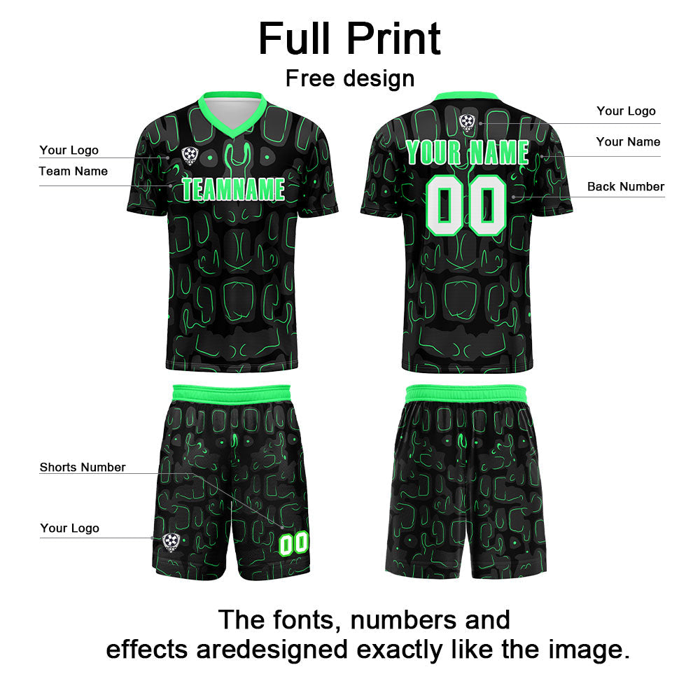 Conjunto personalizado de camiseta de fútbol negra y verde para niños y adultos