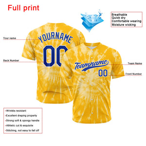 Camiseta de béisbol amarilla con dise?o personalizado de estampado completo y efecto tie-dye