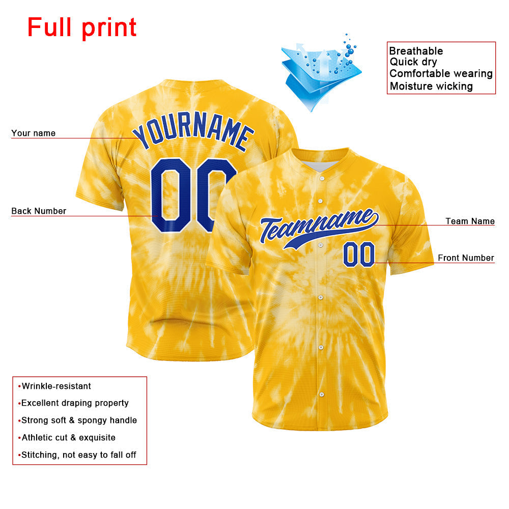 Camiseta de béisbol amarilla con dise?o personalizado de estampado completo y efecto tie-dye