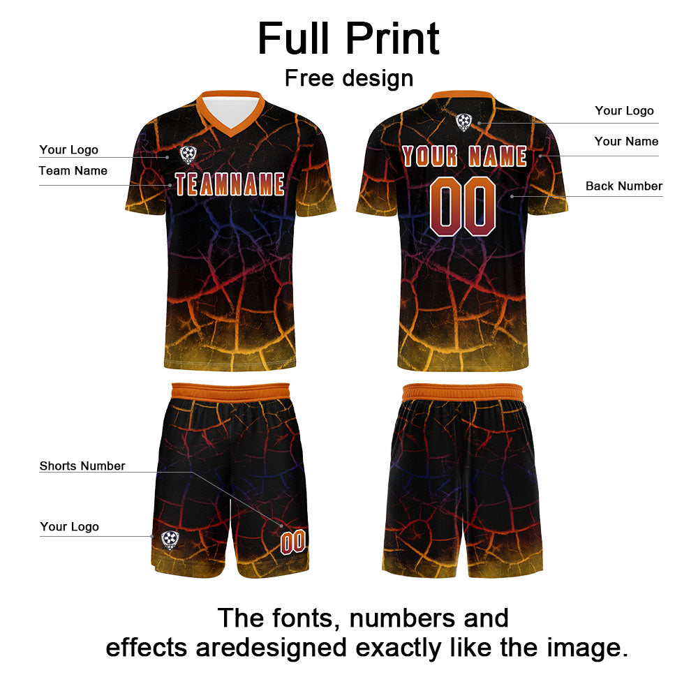 Conjunto personalizado de camiseta de fútbol negra y naranja para niños y adultos